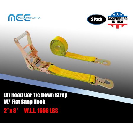 TIE 4 SAFE 2" x 8' Ratchet Tie Down Strap w/ Flat Snap Hook Car Auto Hauler Tow Truck Yellow, 2PK RT48-8-Y-C-2